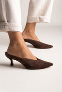 Kitten Heel Mules Pointed Toe - Brown Suede