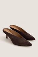 Kitten Heel Mules Pointed Toe - Brown Suede