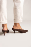 Kitten Heel Mules Pointed Toe - Brown Suede