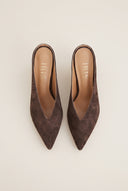 Kitten Heel Mules Pointed Toe - Brown Suede