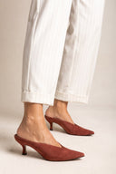 Kitten Heel Mules Pointed Toe - Terracotta suede
