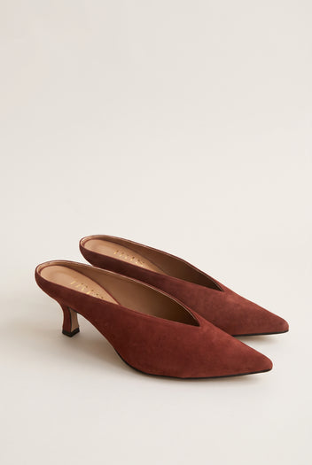 Kitten Heel Mules Pointed Toe - Terracotta suede