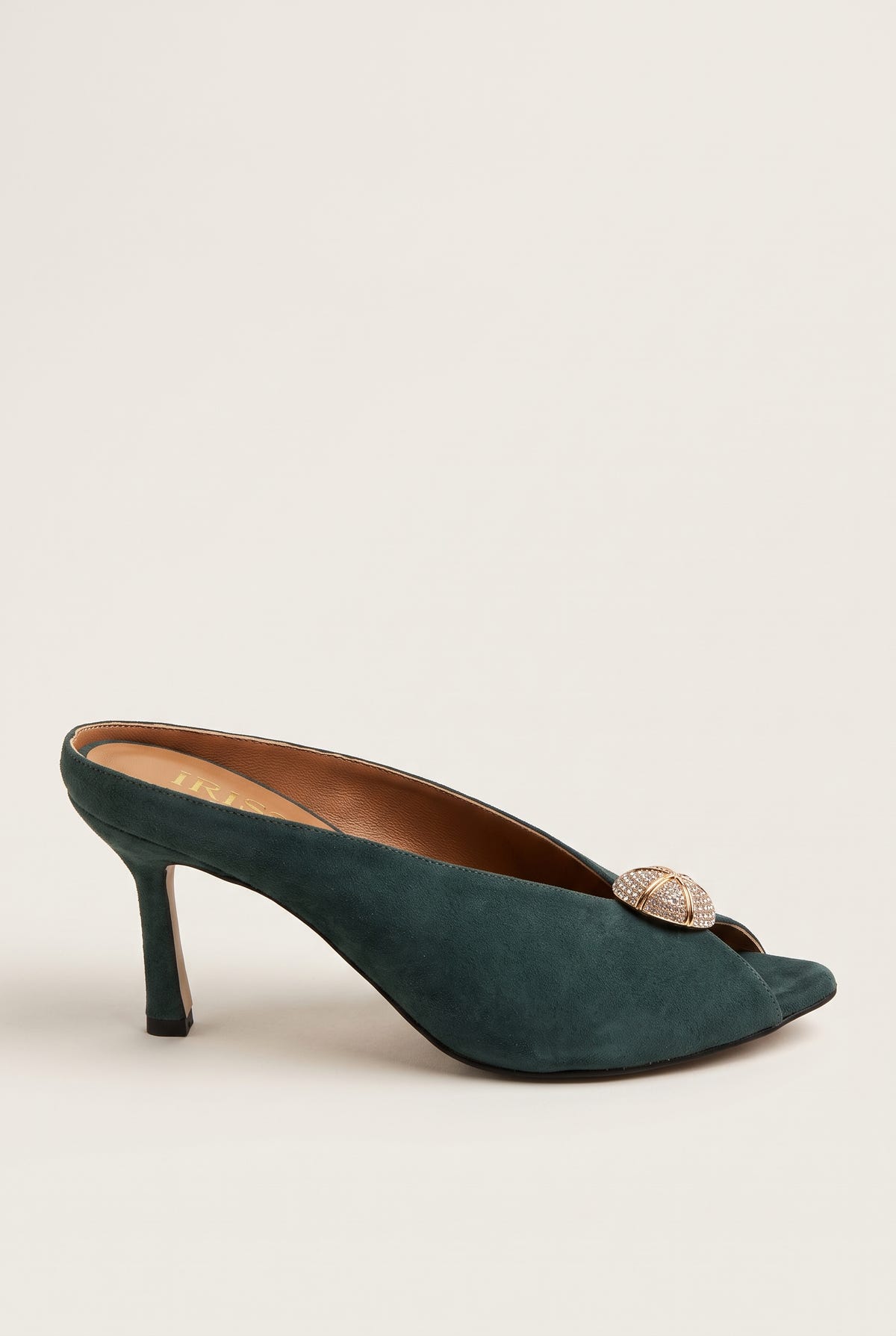 Mules peep toe con tacón de aguja - Ante Verde Bosque