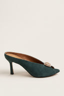 Stiletto Heel Mules Peep Toe - Forest Green Suede