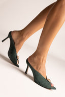 Stiletto Heel Mules Peep Toe - Forest Green Suede