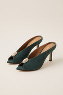 Stiletto Heel Mules Peep Toe - Forest Green Suede
