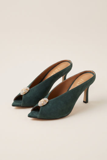 Mules peep toe con tacón de aguja - Ante Verde Bosque