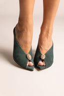 Stiletto Heel Mules Peep Toe - Forest Green Suede