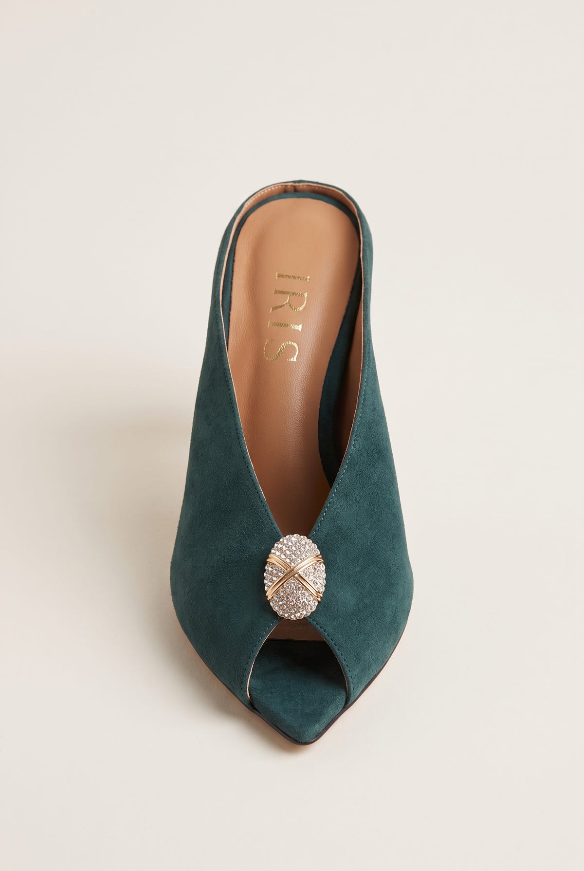 Mules peep toe con tacón de aguja - Ante Verde Bosque