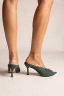 Stiletto Heel Mules Peep Toe - Forest Green Suede