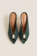 Stiletto Heel Mules Peep Toe - Forest Green Suede