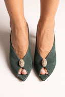 Stiletto Heel Mules Peep Toe - Forest Green Suede