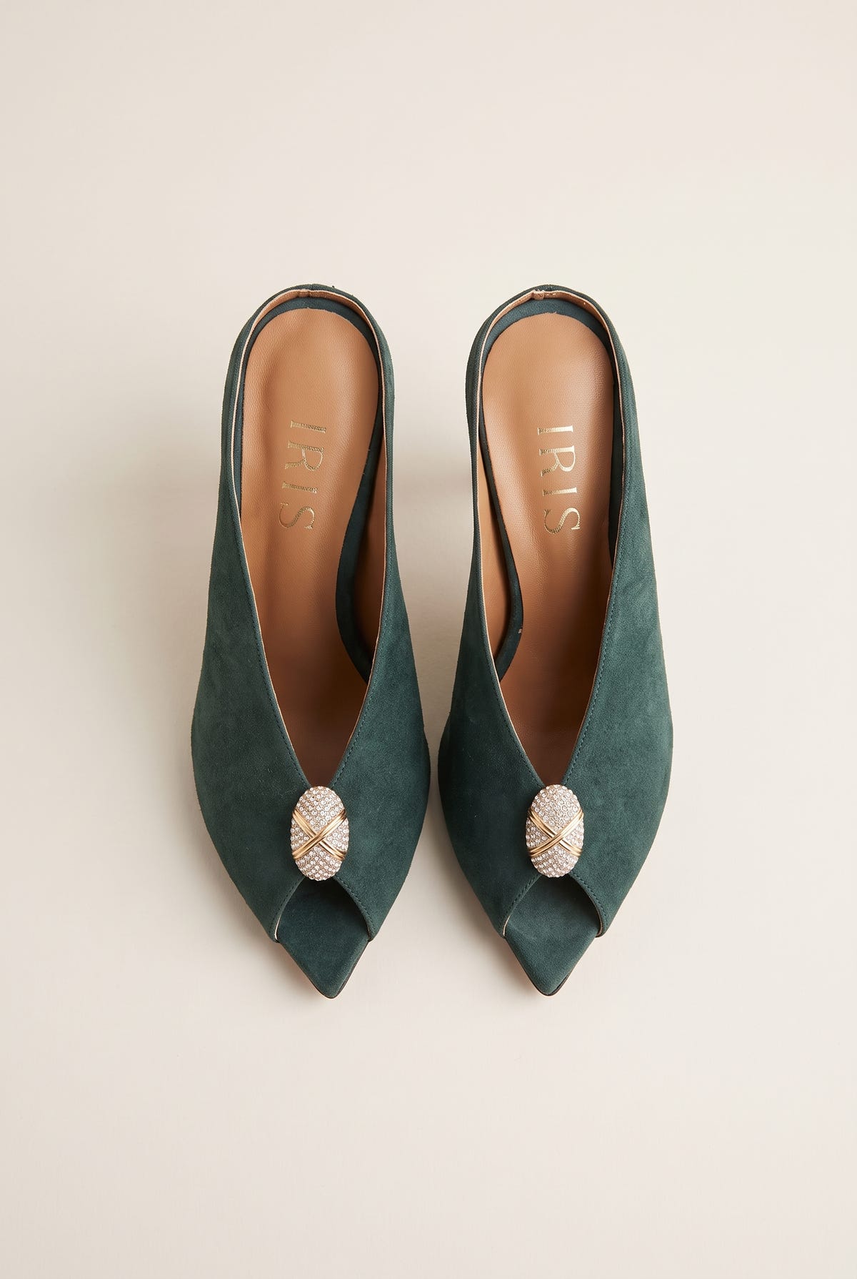 Mules peep toe con tacón de aguja - Ante Verde Bosque