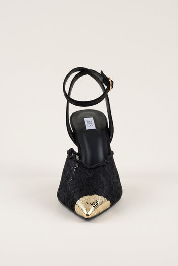 Rear angle of black lace stiletto pump showing gold toe cap and lace panel over pointed toe