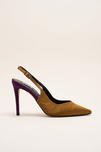 Side view of an olive satin slingback pump with a pointed toe, purple stiletto heel and a thin ankle strap