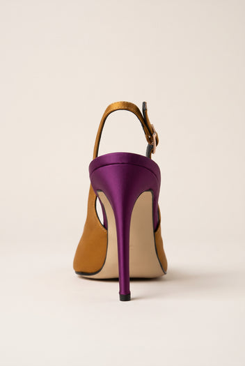 Back view of an olive satin slingback pump with a purple stiletto heel and a strap buckle at the ankle