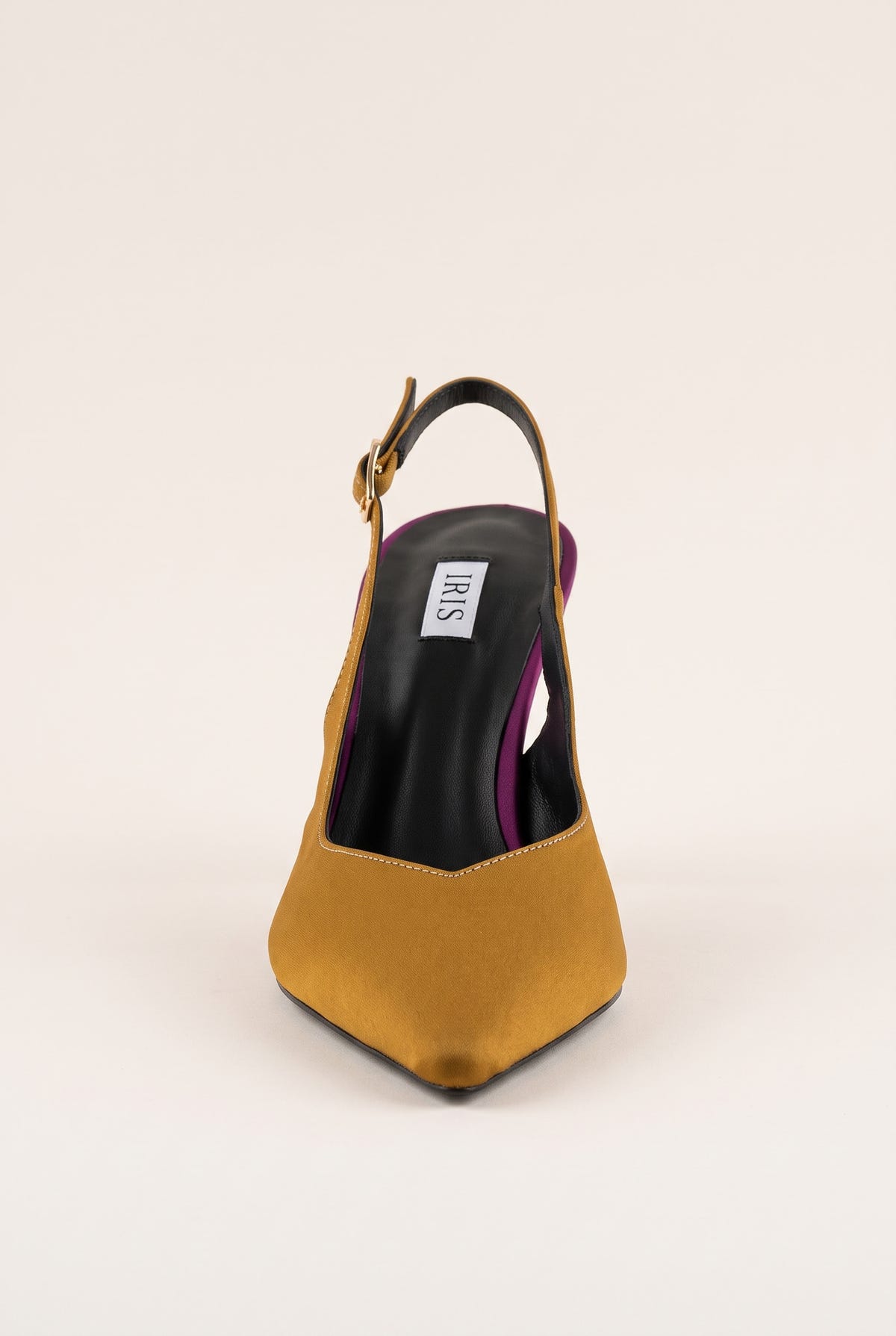 Front view of an olive satin slingback pump with a pointed toe and a black insole visible through the open back