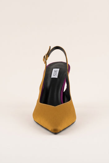 Front view of an olive satin slingback pump with a pointed toe and a black insole visible through the open back