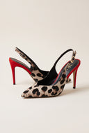 Stiletto Slingback Pumps Pointed Toe - Leopard Satin