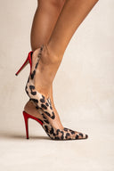 Stiletto Slingback Pumps Pointed Toe - Leopard Satin