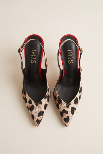 Stiletto Slingback Pumps Pointed Toe - Leopard Satin