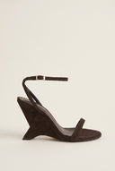 Wedge Heeled Sandals Ankle Strap - Brown Suede