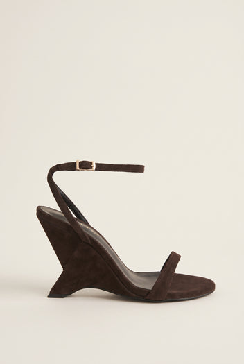 Wedge Heeled Sandals Ankle Strap - Brown Suede