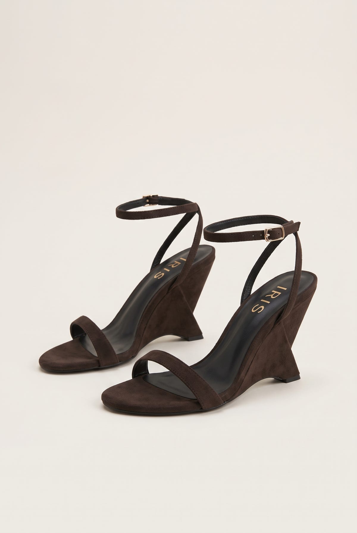 Wedge Heeled Sandals Ankle Strap - Brown Suede