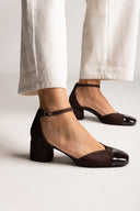 Block Heel Pumps Ankle Strap - Brown Suede