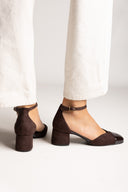 Block Heel Pumps Ankle Strap - Brown Suede