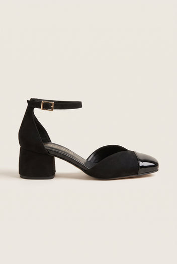Block Heel Pumps Ankle Strap - Black Suede