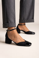 Block Heel Pumps Ankle Strap - Black Suede