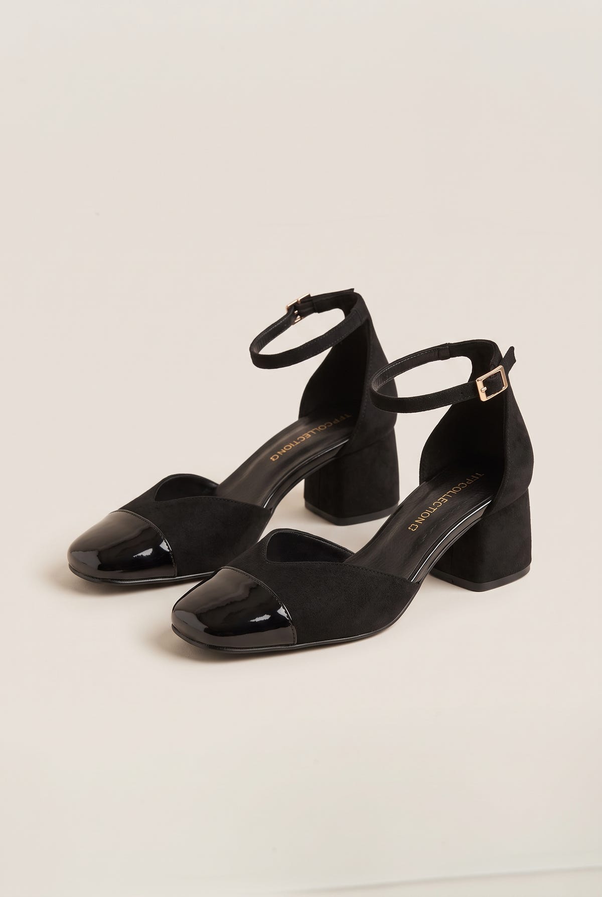 Block Heel Pumps Ankle Strap - Black Suede