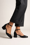 Block Heel Pumps Ankle Strap - Black Suede