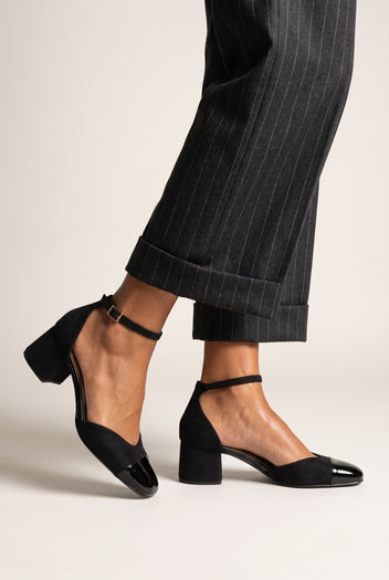 Block Heel Pumps Ankle Strap - Black Suede
