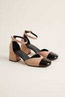 Block Heel Pumps V Cut - Black/Biscuit Pattent