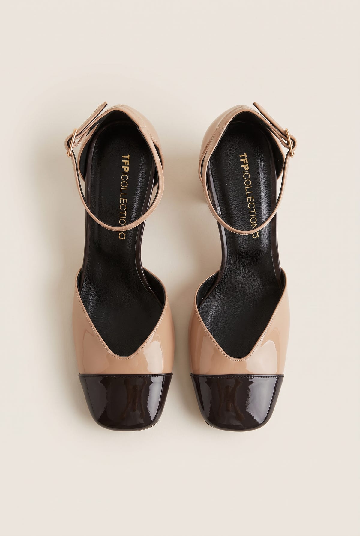 Block Heel Pumps V Cut - Black/Biscuit Pattent
