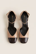 Block Heel Pumps V Cut - Black/Biscuit Pattent