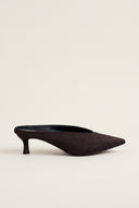 Kitten Heel Mules V Cut - Brown Suede