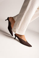 Kitten Heel Mules V Cut - Brown Suede