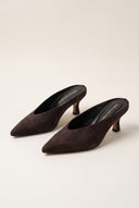Kitten Heel Mules V Cut - Brown Suede