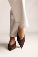Kitten Heel Mules V Cut - Brown Suede