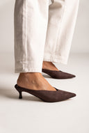 Kitten Heel Mules V Cut - Brown Suede