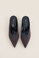Kitten Heel Mules V Cut - Brown Suede
