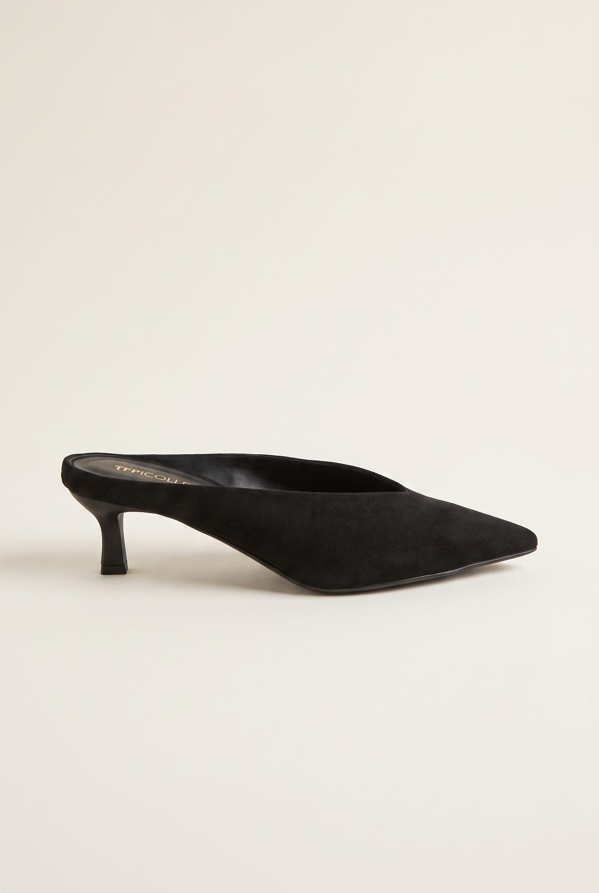 Mules con tacón kitten y escote en V - Ante Negro