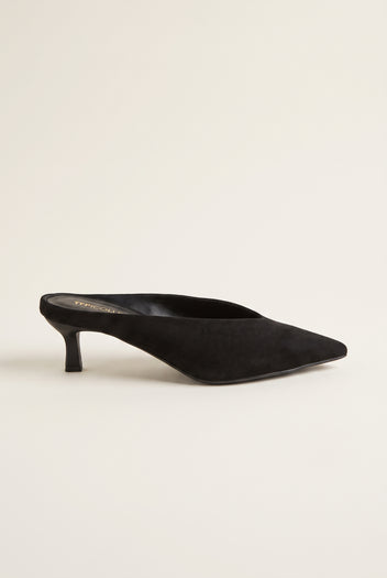 Mules con tacón kitten y escote en V - Ante Negro