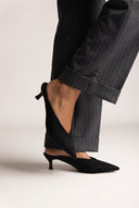 Kitten Heel Mules V Cut - Black Suede