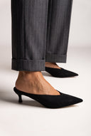 Kitten Heel Mules V Cut - Black Suede