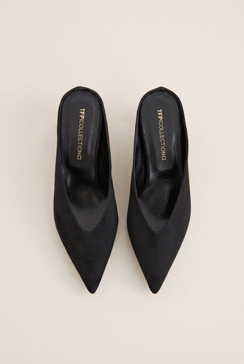 Mules con tacón kitten y escote en V - Ante Negro
