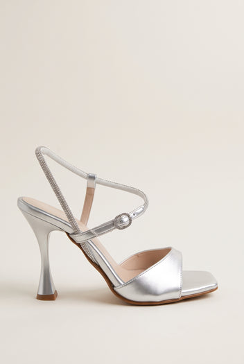 Sandaletten mit Stilettoabsatz und Strass - Silber